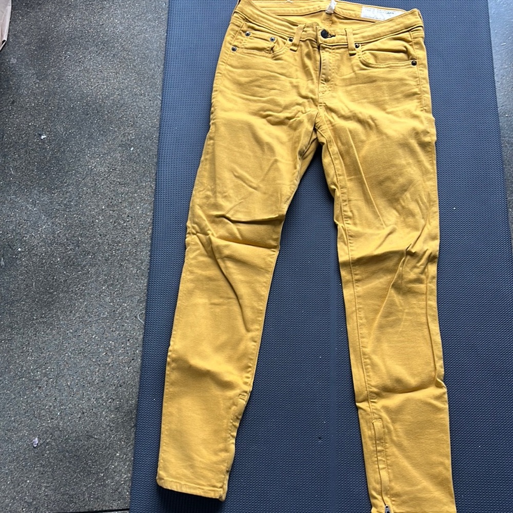 RAG & BONE. mustard yellow skinny cropped jeans with ankle zip